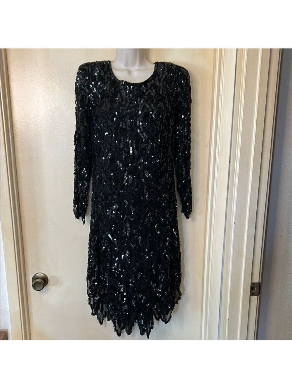 O.R.Silk vintage black 100% silk sequin cocktail dress with scarf hem size S/P